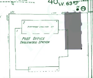 The post office in green, with gray outline of the castle, from layered fire insurance maps.